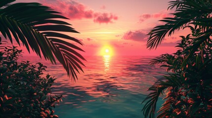 Obraz premium A stunning tropical sunset over the ocean, framed by lush palm leaves and vibrant, colorful skies.