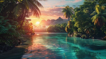 A breathtaking sunset over a tranquil tropical river, surrounded by lush vegetation and palm trees, creating a serene paradise.