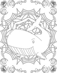 Fototapeta premium Whale on Mandala Coloring Page. Printable Coloring Worksheet for Adults and Kids. Educational Resources for School and Preschool. Mandala Coloring for Adults