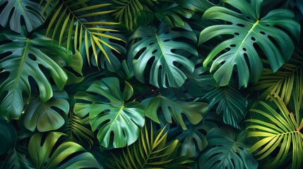 A detailed and realistic seamless pattern featuring abstract tropical leaves. The composition includes palm fronds, monstera leaves, and other exotic foliage in vibrant green tones with subtle hints