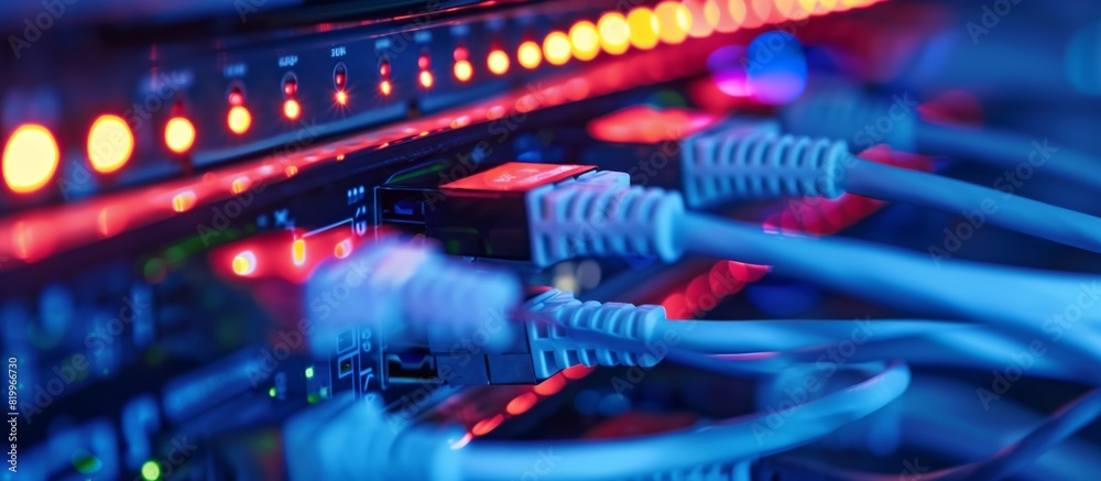 Poster In a stateoftheart Data Center, a Network Server is showcased with Bright Ethernet Cables and LED Lights, illustrating sophisticated IT infrastructure. Closeup view highlights modern tech