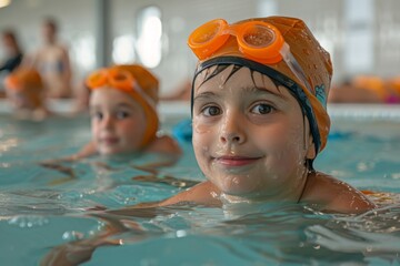 Children's swimming training in the pool