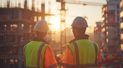 Two construction workers in high visibility gear and white hard hats, standing on an urban building site with cranes and new buildings under construction in the background.

