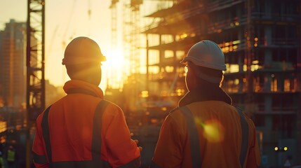 Obraz premium Two construction workers in high visibility gear and white hard hats, standing on an urban building site with cranes and new buildings under construction in the background. 