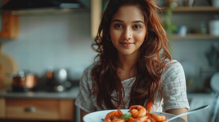 young indian woman holding shrimp plate - Powered by Adobe