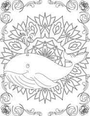 Whale on Mandala Coloring Page. Printable Coloring Worksheet for Adults and Kids. Educational Resources for School and Preschool. Mandala Coloring for Adults