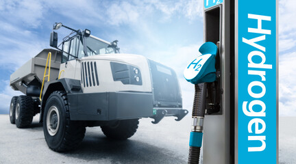 Hydrogen filling station on a background of mining truck