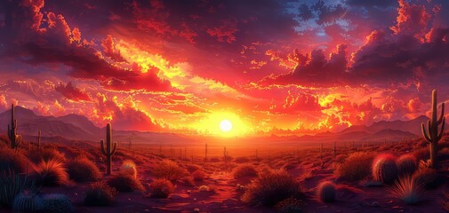 Naklejka premium Stunning desert sunset with vibrant colors illuminating the sky, cacti, and arid landscape creating a breathtaking natural scene.