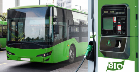 Biofuel filling station on a background of green city bus. Decarbonization of public transport
