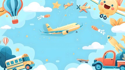 Naklejka premium Whimsical Travel Adventure with Planes Balloons and Clouds in Vibrant Sky Scene