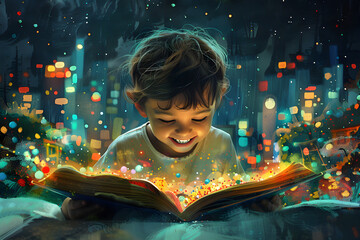 Little Boy Reading a Giant Book.