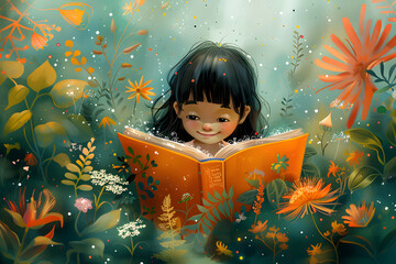 Little Girl Reading a Giant Book. Colorful Illustration