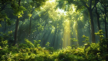 Fototapeta premium Sunlight filters through the lush green canopy of a serene forest, creating a tranquil and magical atmosphere in nature.