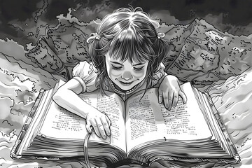 Little Girl Reading a Giant Book. Ink Illustration