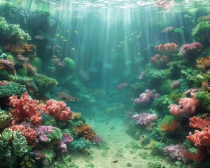 Vibrant underwater scene with colorful coral reefs, marine life, and sunlight penetrating through the water, creating a serene aquatic world.
