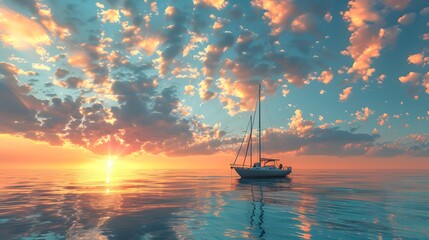 Sailing yacht in the ocean at sunset. The boat is floating on calm water, with blue sky and clouds...
