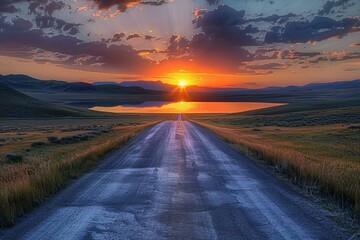 An empty road going towards a lake and sunset, high quality, high resolution
