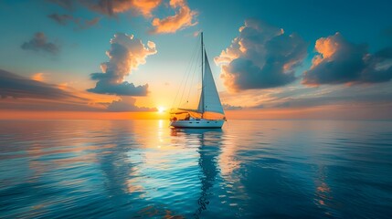 Sailing yacht in the ocean at sunset. The boat is floating on calm water, with blue sky and clouds above it.
