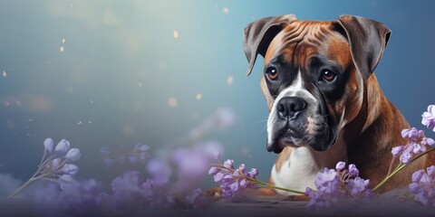 Create a stunning digital painting of a Boxer dog sitting in a field of purple flowers