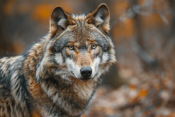 A male grey wolf is standing near some woods, high quality, high resolution