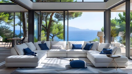 Stunning white Lshaped sofa with blue pillows in modern living room of luxury home on the island French Riviera, large windows overlooking ocean and greenery .
