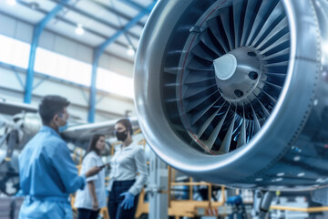 Engineers testing electric airplane engines, surrounded by high-tech equipment in a modern lab.
