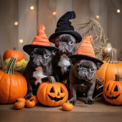 Three french bulldogs in hats halloween concept