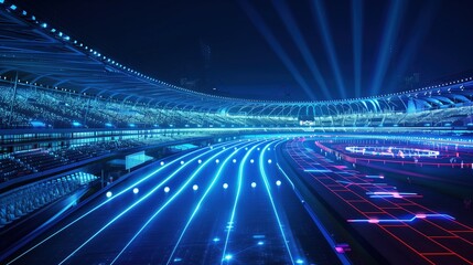 Fototapeta na wymiar An technological olympic stadium with glowing data streams at night