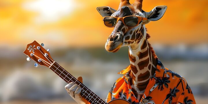 Silly giraffe in sunglasses and Hawaiian shirt playing ukulele comical and playful. Concept Playful Animals, Funny Outfits, Musical Instruments, Hawaiian Theme