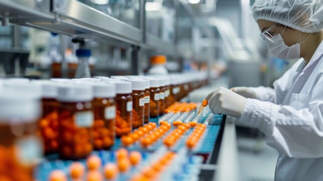 In a contemporary pharmaceutical manufacturing plant, an employee in protective attire meticulously organizes medicine bottles, illustrating the sectors precise manufacturing method
