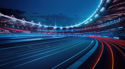 An technological olympic stadium with glowing data streams at night