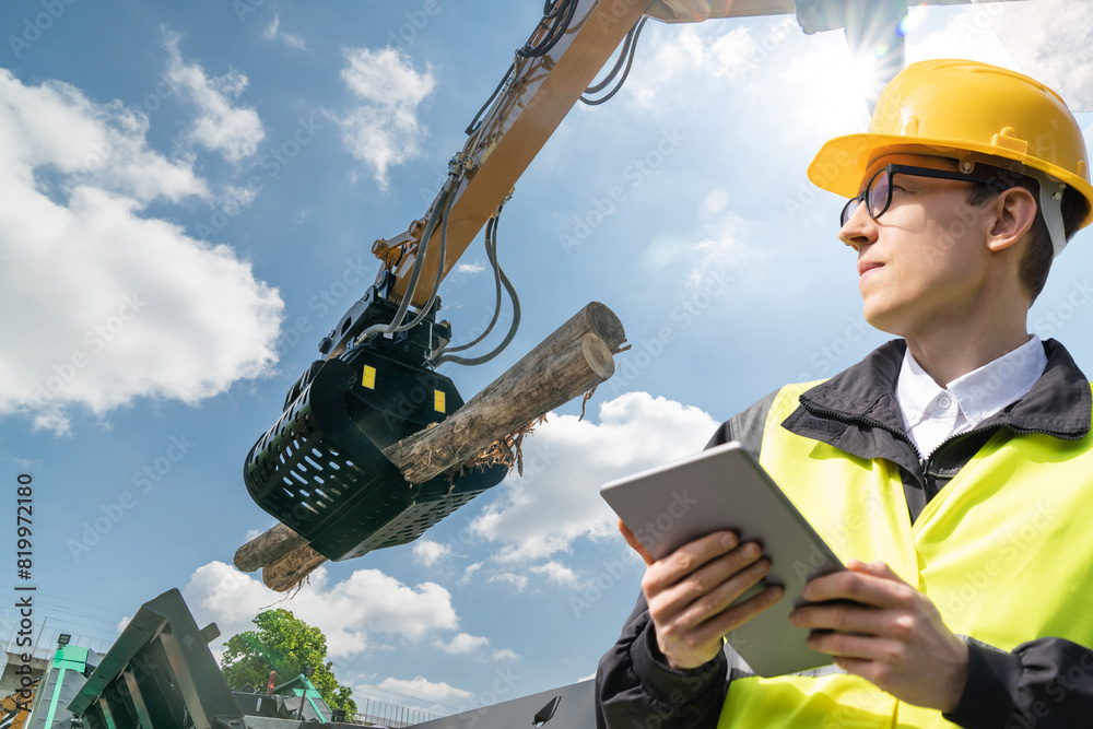 Poster Worker with digital tablet controls process of loading timber.