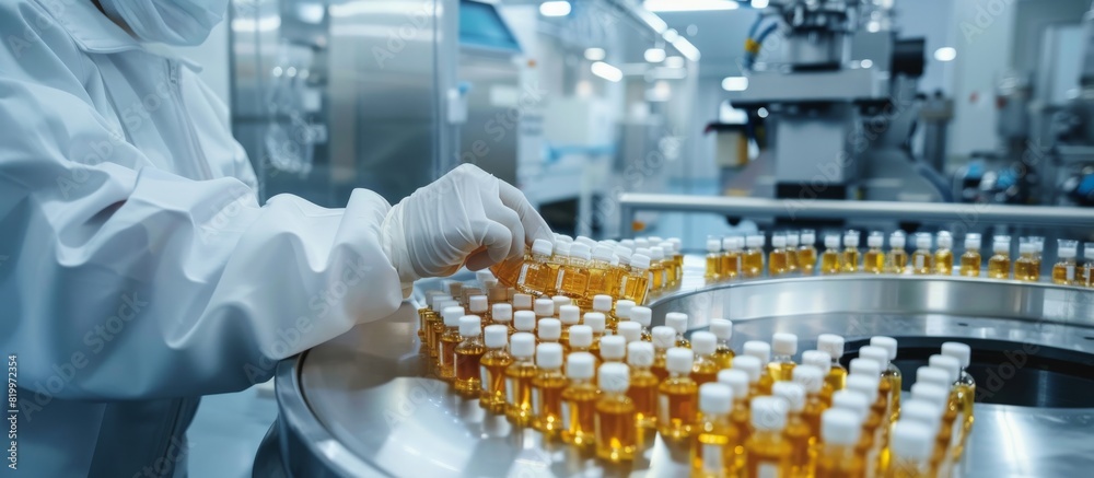 Poster a pharmaceutical worker operates in a sterile environment, handling medicine vials with precision an