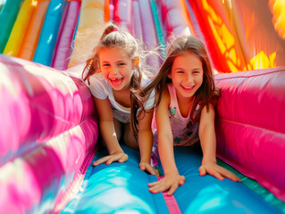 Two smiling little girls play on a colorful slide in a playground.