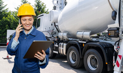 Female worker with digital tablet next to truck-mounted concrete pump with mixer..