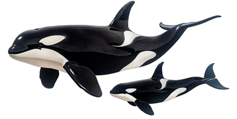 Mother orca (Orcinus orca) and calf isolated on transparent background. Isolated orca pair.