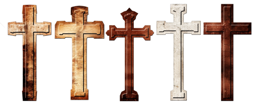 Collection of rusted crosses in different shapes and colors. Isolated on transparent background. Rusted crosses with rustic finish.