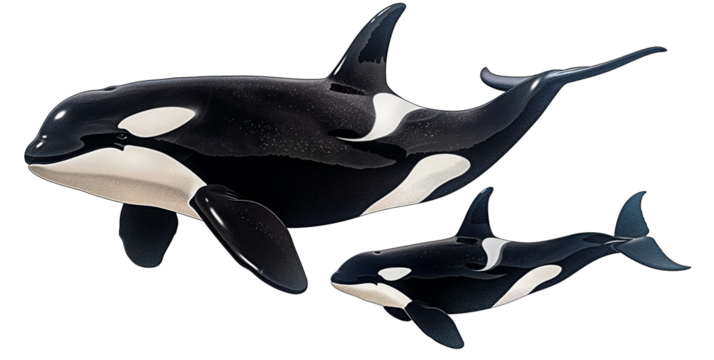 Mother orca (Orcinus orca) and calf isolated on transparent background. Isolated orca pair.