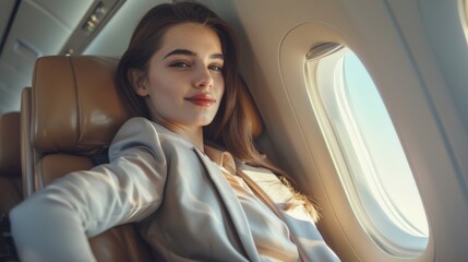 Smiling Woman Seated by Airplane Window