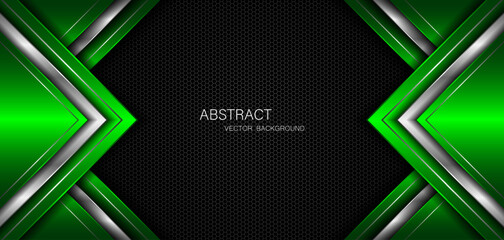 Abstract green and silver polygons on dark steel mesh background. with free space for design. modern technology innovation concept background