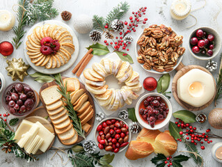 flat lay with festive foods and decorations, arranged to capture the spirit of the season for a holiday campaign product shot.