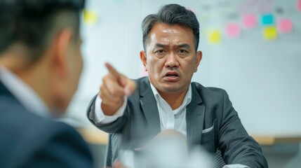 Obraz premium A man in a suit pointing his finger with a stern expression engaged in a serious discussion in an office setting.