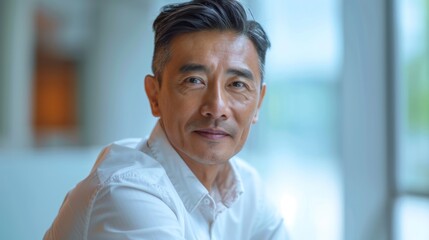 A man with a thoughtful expression wearing a white shirt sitting in a brightly lit room with a blurred background.