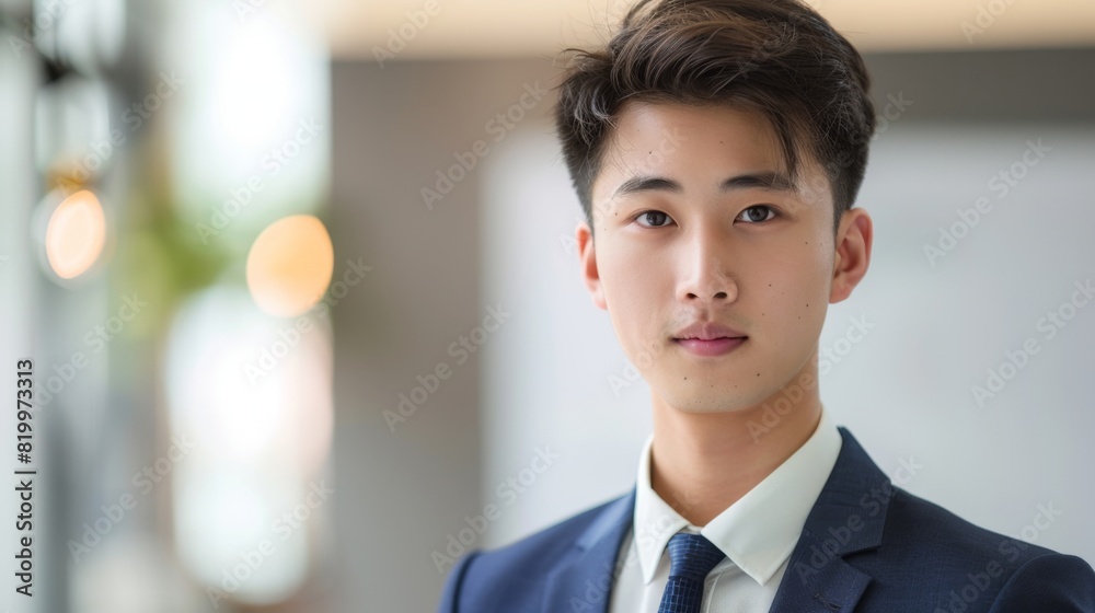 Wall mural Young man with short hair wearing a dark suit and tie standing in a brightly lit room with blurred background.