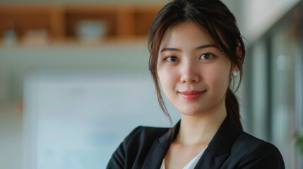 A young Asian woman with a radiant smile wearing a black blazer and a white blouse standing in a modern office setting with a blurred background.