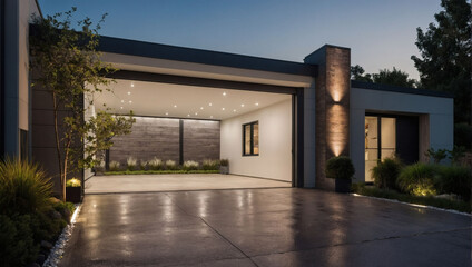 Contemporary garage featuring a sectional door at the forefront.
