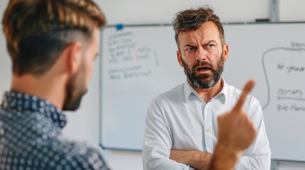 Fototapeta premium A man with a beard and mustache wearing a white shirt pointing at a whiteboard with a surprised or shocked expression on his face while another man
