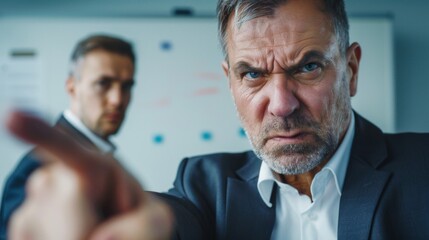 Obraz premium Angry man in suit pointing finger.