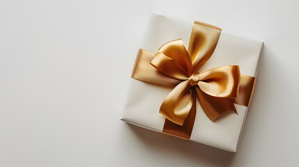 White gift box with a golden ribbon on a white background, shown from a top view, as a copy space concept for a Happy Mother's Day or Women’s Day banner design template.
