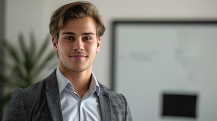 Obraz premium Young man with a slight smile wearing a light blue shirt and a dark suit jacket standing in an office setting with a blurred whiteboard in the background.
